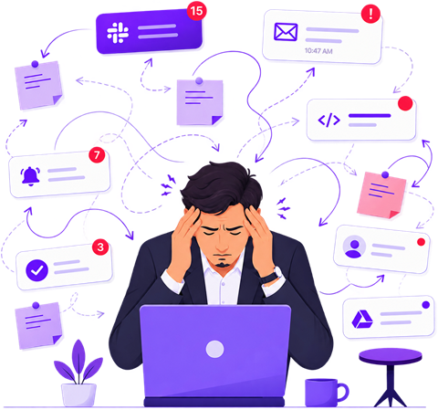 A founder overwhelmed by notifications from a dozen disconnected tools