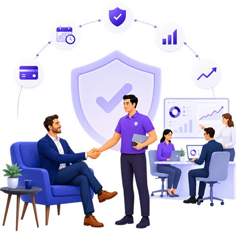 Two partners shaking on an agreement, backed by a security guarantee